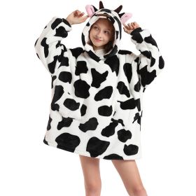 Children Hooded Animal Nightgown Flannel Blanket Fleece Warm Pajamas Cute Pullover Sweater Soft Comfortable Spring Autumn Winter (Color: Cow, size: One Size)