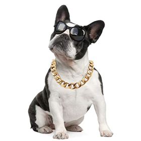 Pet gold collar Dog Chain Collar Keji Teddy Fadou domineering big gold necklace cat playing cool jewelry big gold chain (Color: Golden, size: 35cm necklace +7cm adjustment chain)