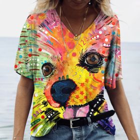 Women's V-neck Top Short Sleeve T-shirts Summer New 3D Cute Dog Print Casual Lovely Harajuku Versatile (Color: WVLDXM210-0157, size: XL)