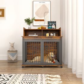 Furniture type dog cage iron frame door with cabinet, top can be opened and closed. Rustic Brown, 43.7'' W x 29.9'' D x 42.2'' H (Color: Rustic Brown)