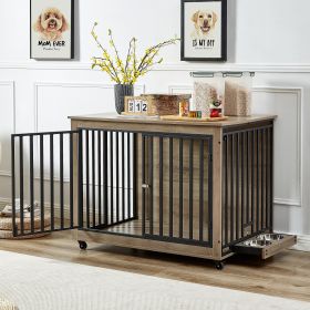 Furniture Style Dog Crate Side Table With Feeding Bowl, Wheels, Three Doors, Flip-Up Top Opening. Indoor, Grey, 43.7"W x 30"D x 33.7"H (Color: as Pic)