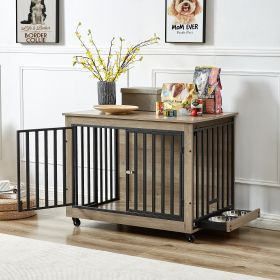 Furniture Style Dog Crate Side Table With Feeding Bowl, Wheels, Three Doors, Flip-Up Top Opening. Indoor, Grey, 38.58"W x 25.2"D x 27.17"H (Color: as Pic)