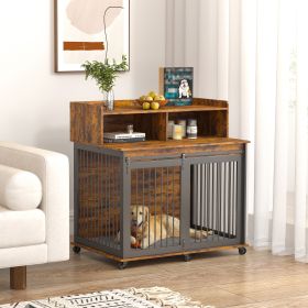 Furniture type dog cage iron frame door with cabinet, top can be opened and closed. Rustic Brown, 43.7'' W x 29.9'' D x 42.2'' H (Color: as Pic)