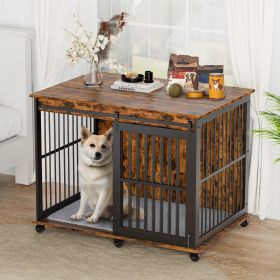 Furniture dog crate sliding iron door dog crate with mat. (Rustic Brown,43.7''W x 30''D x 33.7''H). (Color: as Pic)